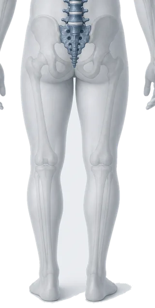 Ilustração de um corpo visto de costas, do quadril até os pés, com o sacro, a bacia e os ossos das pernas visíveis por transparência.